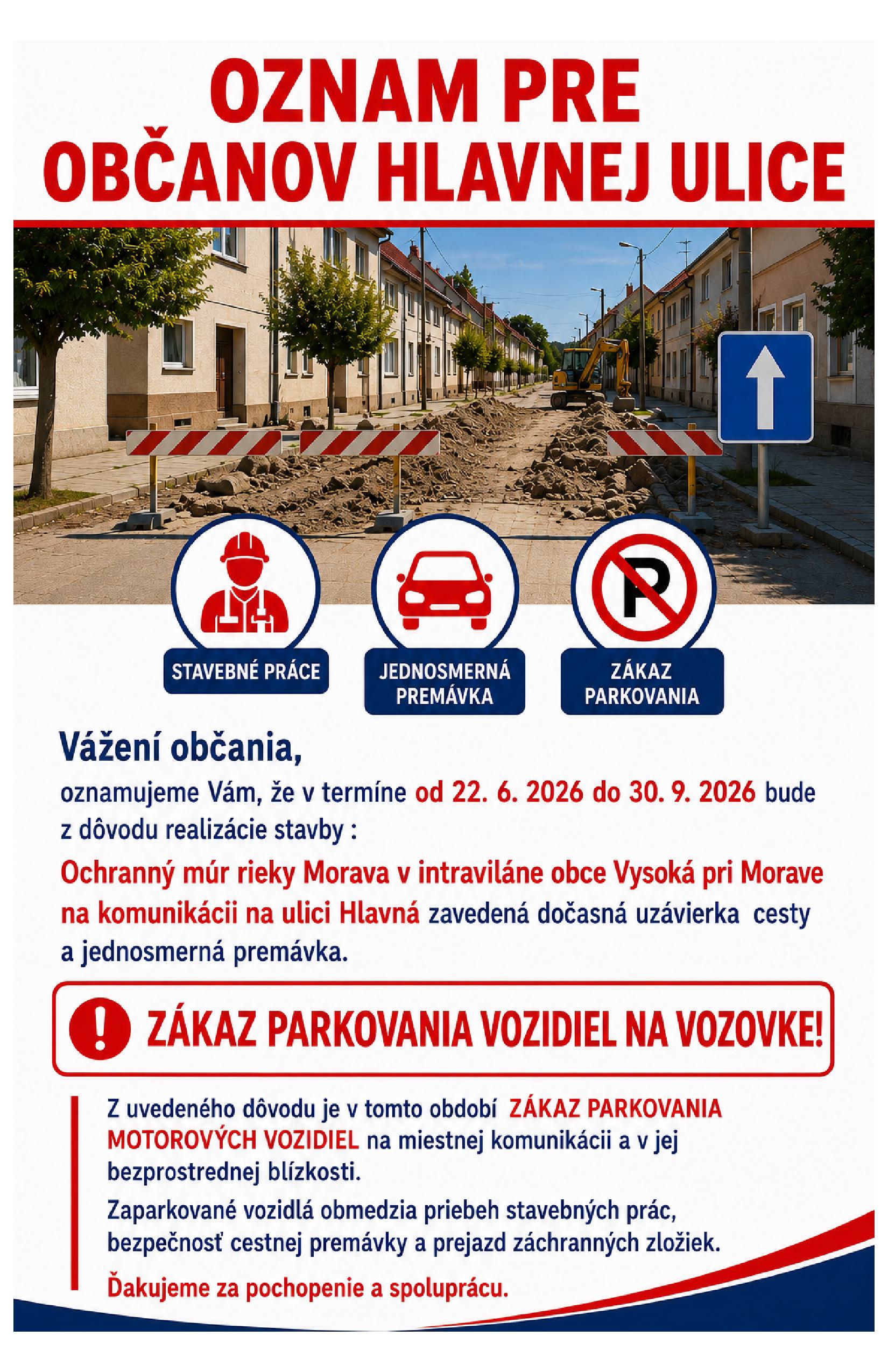 OZNAM PRE OBYVATEĽOV ULICE HLAVNÁ