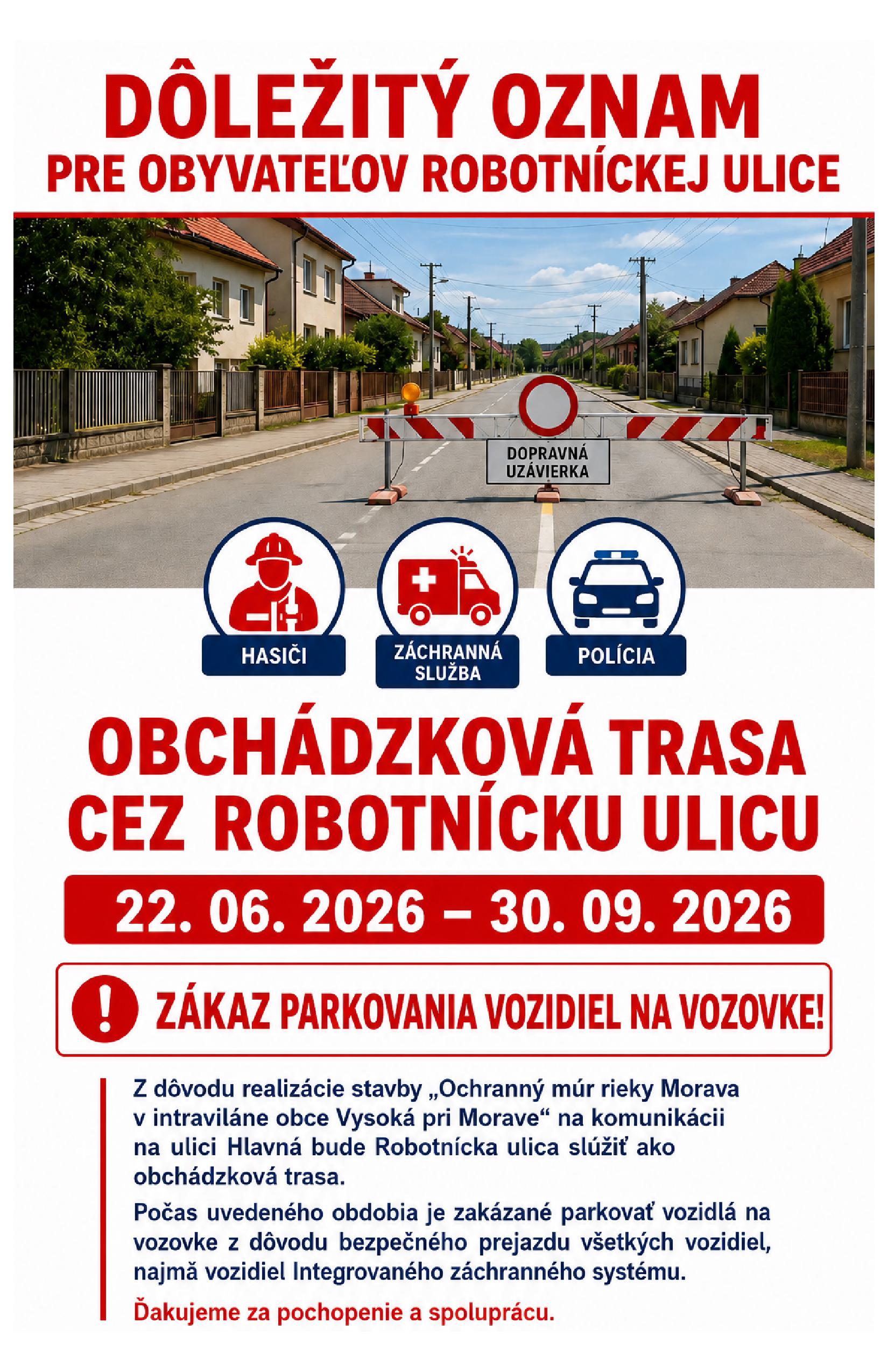 OZNAM PRE OBYVATEĽOV ULICE ROBOTNÍCKA