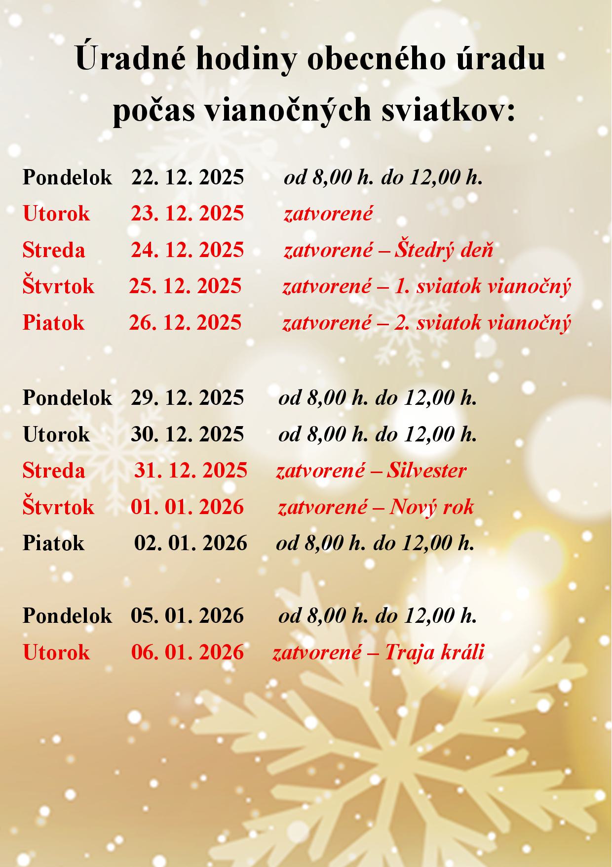 Úradné hodiny obecného úradu počas sviatkov