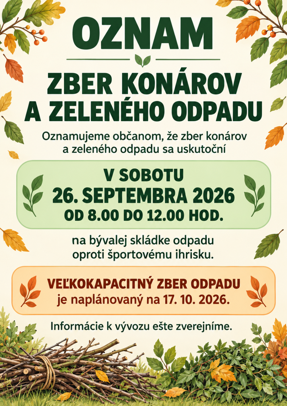 Zber konárov a zelene dňa 26.9.2026