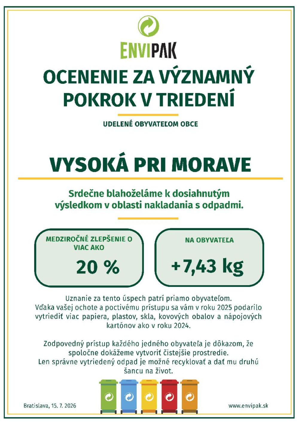 Ocenenie pre obyvateľov našej obce v oblasti odpadového hospodárstva