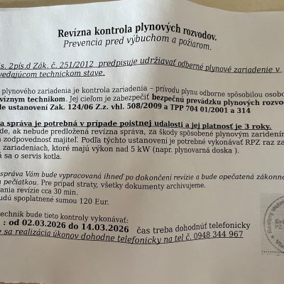 Revízna kontrola plynových rozvodov - OZNAM